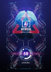 Neural network mega-data processing, template interface design. Futuristic design of an Artificial Intelligence brain with circuit board, Machine learning technology concept.