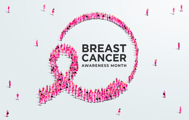 Breast cancer awareness month concept poster. Large group of people form to create a pink ribbon. Vector illustration.