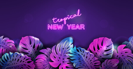 Christmas tropic neon banner, winter beach monstera palm leaves design , xmas tropical background