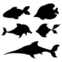 Vector silhouettes of marine and oceanic fish. Illustrations on a white isolated background.