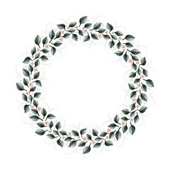Watercolor digital illustration. Botanical wreath of green branches and leaves with flowers and polka dots. Floral Design elements.