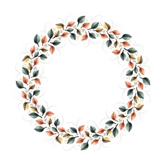 Watercolor digital illustration. Botanical wreath of green branches and leaves with flowers and polka dots. Floral Design elements.