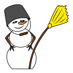 Funny snowman with a bucket instead of a hat and a broom. Vector illustration on a white isolated background.