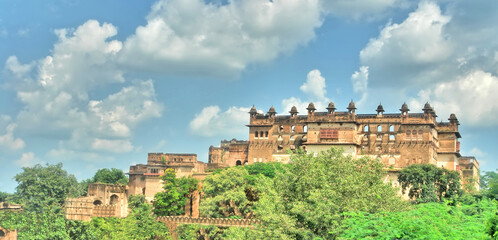 Orchha Fort Jahangir Mahal, ancient ruins in India wiev from distance © robnaw