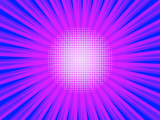 Comic book abstract template with rays and halftone. Humor effects on radial background. Illustration in magazine style, trendy colors. Copyspace for advertising or design. Dotted, geometric blue.