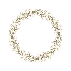 Watercolor digital illustration. Botanical wreath of green branches and leaves with flowers and polka dots. Floral Design elements.
