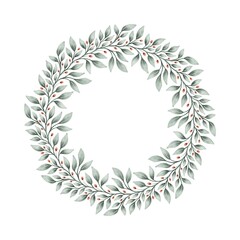 Watercolor digital illustration. Botanical wreath of green branches and leaves with flowers and polka dots. Floral Design elements.