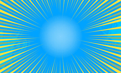 Comic book abstract template with rays and halftone. Humor effects on radial background. Illustration in magazine style, trendy colors. Copyspace for advertising or design. Dotted, geometric blue.