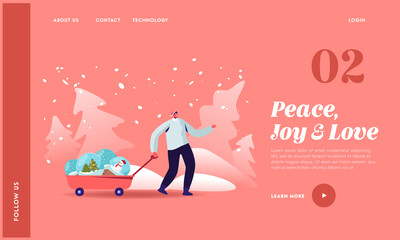 Christmas and New Year Holidays Landing Page Template. Happy Man in Santa Claus Hat Pull Trolley with Crystal Globes
