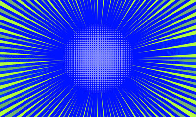 Comic book abstract template with rays and halftone. Humor effects on radial background. Illustration in magazine style, trendy colors. Copyspace for advertising or design. Dotted, geometric blue.