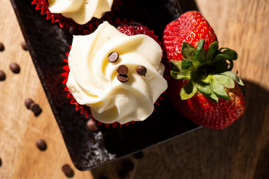 Red Velvet Cupcakes. Detailed closeup macro food background.