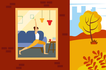 Woman doing exercises at home. Illustration of half a house and a street. Vector illustration in flat style.