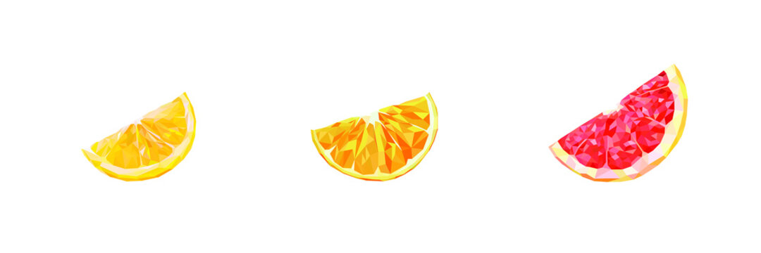 Polygonal fruit slice set. lemon slice, orange slice, grapefruit slice. Low poly. For packaging, labels, logo, showcase, banner. Vector illustration isolated.