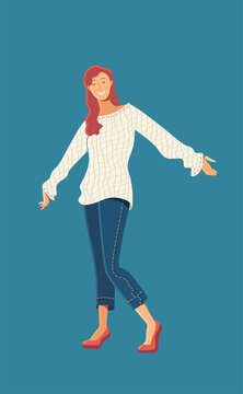 Joyful young woman wearing jeans and white longsleeve enjoying life on dark blue background. Power of positive thinking and good mood. Vector flat illustration. Cartoon happy female character