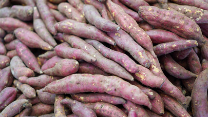 Arrangement of purple sweet potatoes in the market