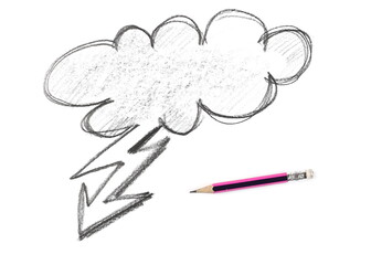 Graphite pencil with stormy cloud hatching, bad weather symbol sketching isolated on white background, top view