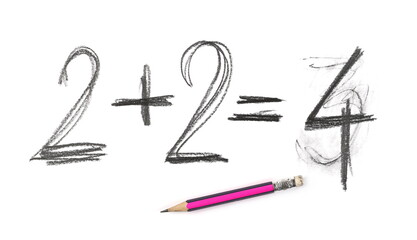 Graphite pencil with basic mathematical equation hatching, two plus two equals four sketching isolated on white background, top view