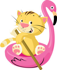 Cute Cat Swims Floating on an Inflatable Flamingo - Vector Illustration