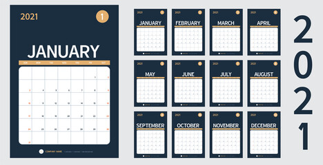 vector Calendar 2021 new year planner set 12 month in clean minimal table simple design style and navy blue color,vertical holiday event template calender,Week Starts Sunday
