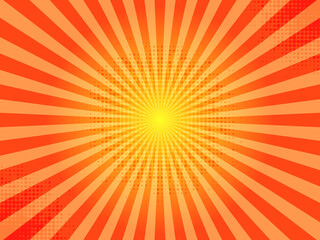 Comic book abstract template with rays and halftone. Humor effects on radial background. Illustration in magazine style, trendy colors. Copyspace for advertising or design. Dotted, geometric orange.