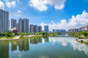 Fototapeta na wymiar Scenery of Jiaomen River Bank in Nansha District, Guangzhou City, Guangdong Province, China