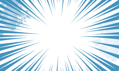 Comic book abstract template with rays and halftone. Humor effects on radial background. Illustration in magazine style, trendy colors. Copyspace for advertising or design. Dotted, geometric blue.