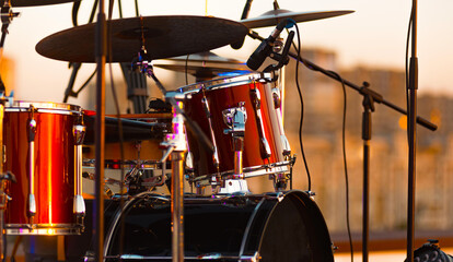 Fototapeta na wymiar Oh wonderful close up photo of a drum kit on the stage
