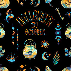 Seamless pattern with lettering, witch cauldron or pot, pumpkin, mushroom and plants on black.