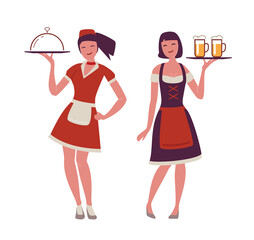 Beautiful young waitress with tray in her hand. Restaurant, food concept