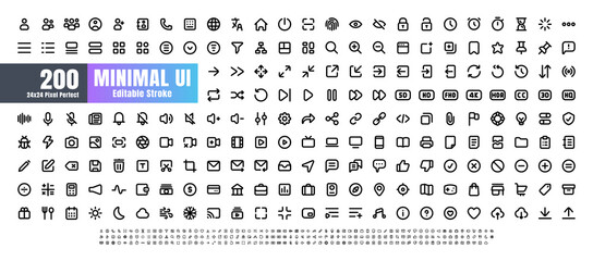 24x24 Pixel Perfect. Basic User Interface Essential Set. 200 Line Outline Icons. For App, Web, Print. Editable Stroke. 2 Pixel Stroke Wide with Round Cap and Round Corner. - obrazy, fototapety, plakaty