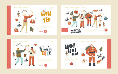 Xmas Family Event. New Year or Christmas Bash Landing Page Template Set. Happy Characters Celebrating Party Having Fun