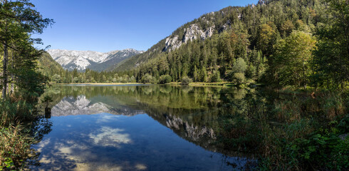 Fototapeta na wymiar panoramic view mountain lake Duerrsee (Dürrsee) near Seewiesen in Styria, Austria