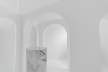 Empty pedestal or long podium marble display on white arc room and light background in natural light concept. Blank product shelf standing backdrop /copy space