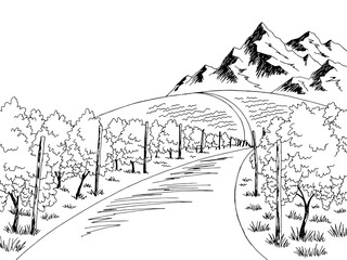 Vineyard graphic black white landscape sketch illustration vector