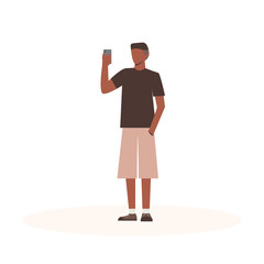 Black man holds a phone and take selfie. Flat cartoon character on isolated white background. Vector illustration