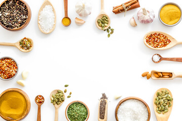 Layout of various spices in spoons. Top view, copy space