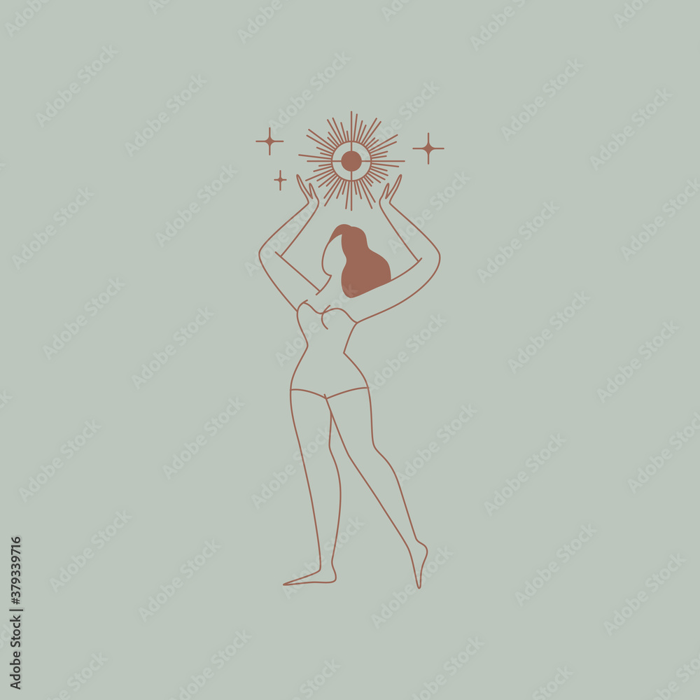 Poster beautiful female figure. vector logo design template and illustration in simple minimal linear style