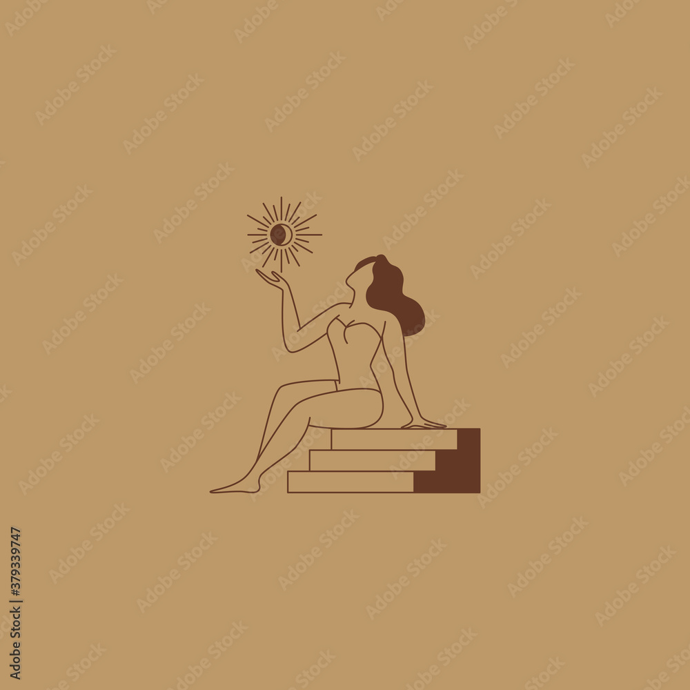 Poster beautiful female figure. vector logo design template and illustration in simple minimal linear style