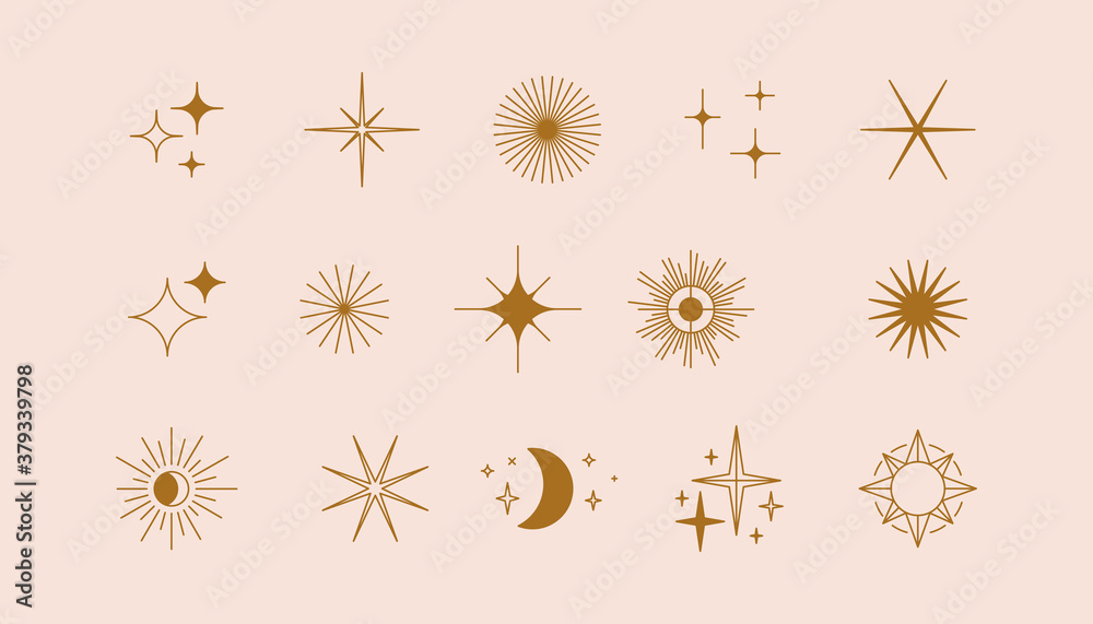 Aufkleber vector set of linear icons and symbols - stars, moon, sun - abstract design elements for decoration 