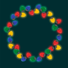Cartoon Christmas New Year light bulbs wreath template. Winter holidays illustration for games, background, pattern, decor. Print for fabrics and other surfaces.