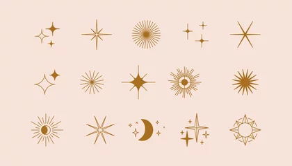 Fotobehang Vector set lineaire pictogrammen en symbolen - sterren, maan, zon - abstracte ontwerpelementen voor decoratie of logo ontwerpsjablonen in moderne minimalistische stijl © venimo
