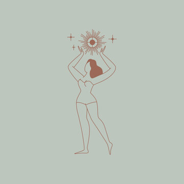 Beautiful female figure. Vector logo design template and illustration in simple minimal linear style