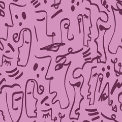 Abstract One Line Drawing Faces Masks and Geometric Shapes Repeating Vector Pattern with Isolated Background