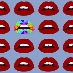 Realistic cartoon and geometric colorful lips seamless pattern template. Rainbow vector illustration for games, background, pattern, decor. Print for fabrics and other surfaces.