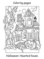 Coloring Halloween funny haunted house with pumpkin