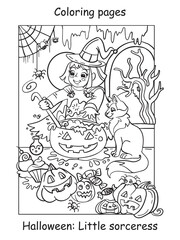 Coloring Halloween cute little witch with cat