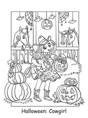Coloring Halloween cute cowgirl in the stable