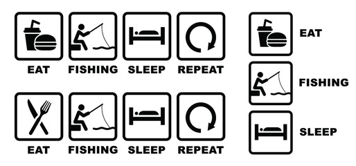 Fishing rod icons Quote Eat play sleep repeat sign Funny vector fisherman sport symbol icon Happy weekend water sports or river bank signs Set fish sports Outdoor summer recreation Fishnet fishery