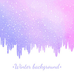 Winter watercolor vector background, horizontal border with icicles edge, falling snow, snowflakes splash texture. Christmas, New Year hand drawn frame. Pink and violet watercolour stains template.