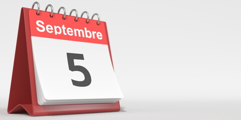 September 5 date written in French on the flip calendar page, 3d rendering